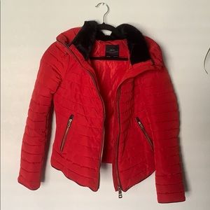 Zara Basic Red Puffer Coat with Faux Fur Hood